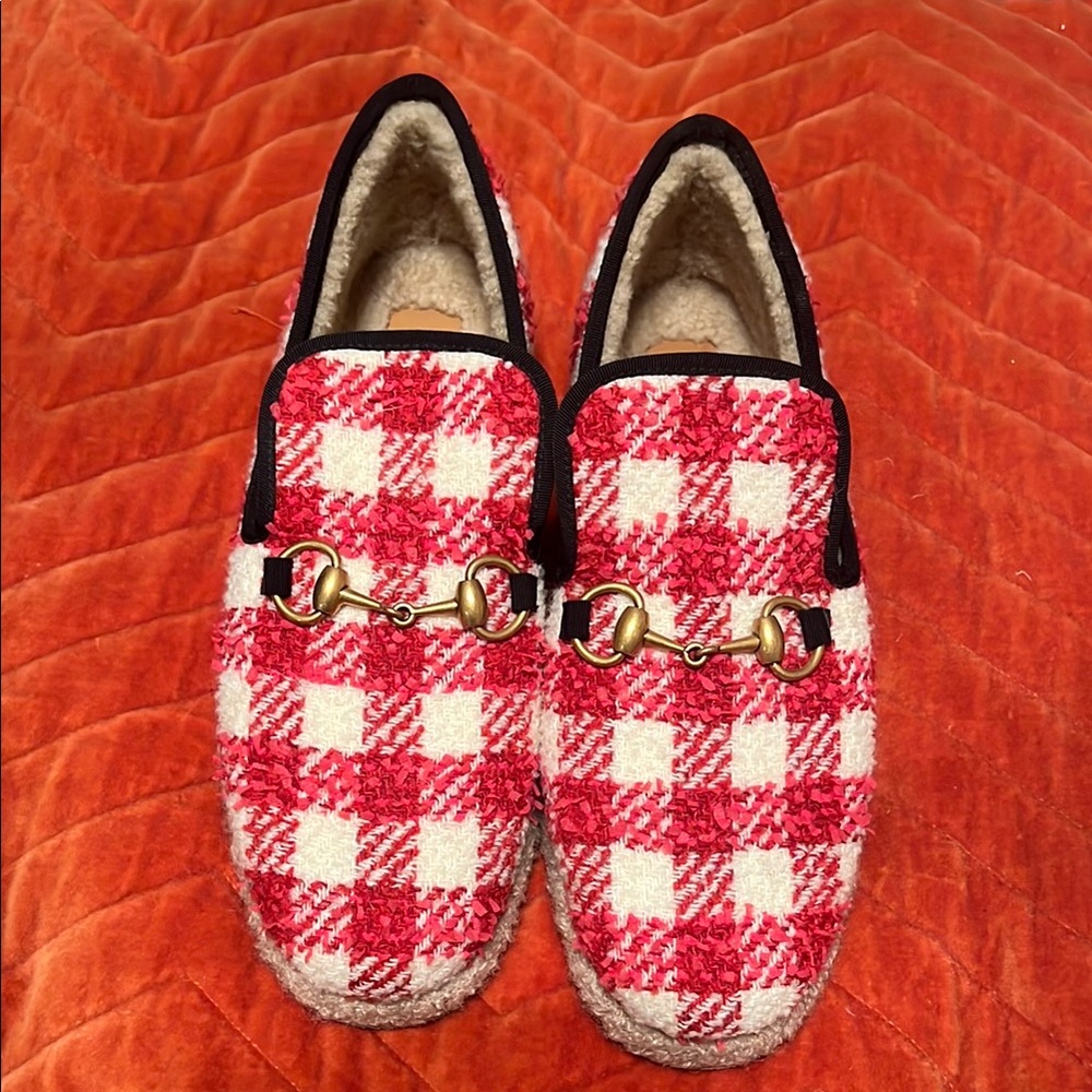Gucci Red and White Check Shearling wool Fria Horsebit Loafers 39.5